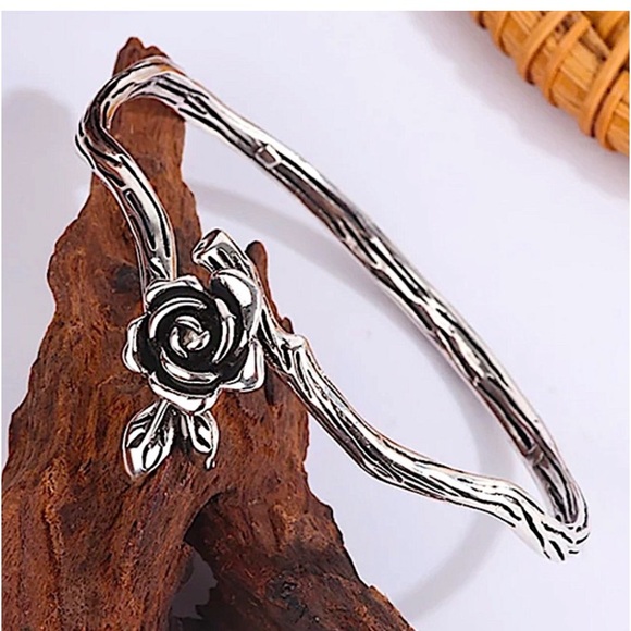 Flower Sterling Silver Bangle Cuff Bracelet - Picture 2 of 6